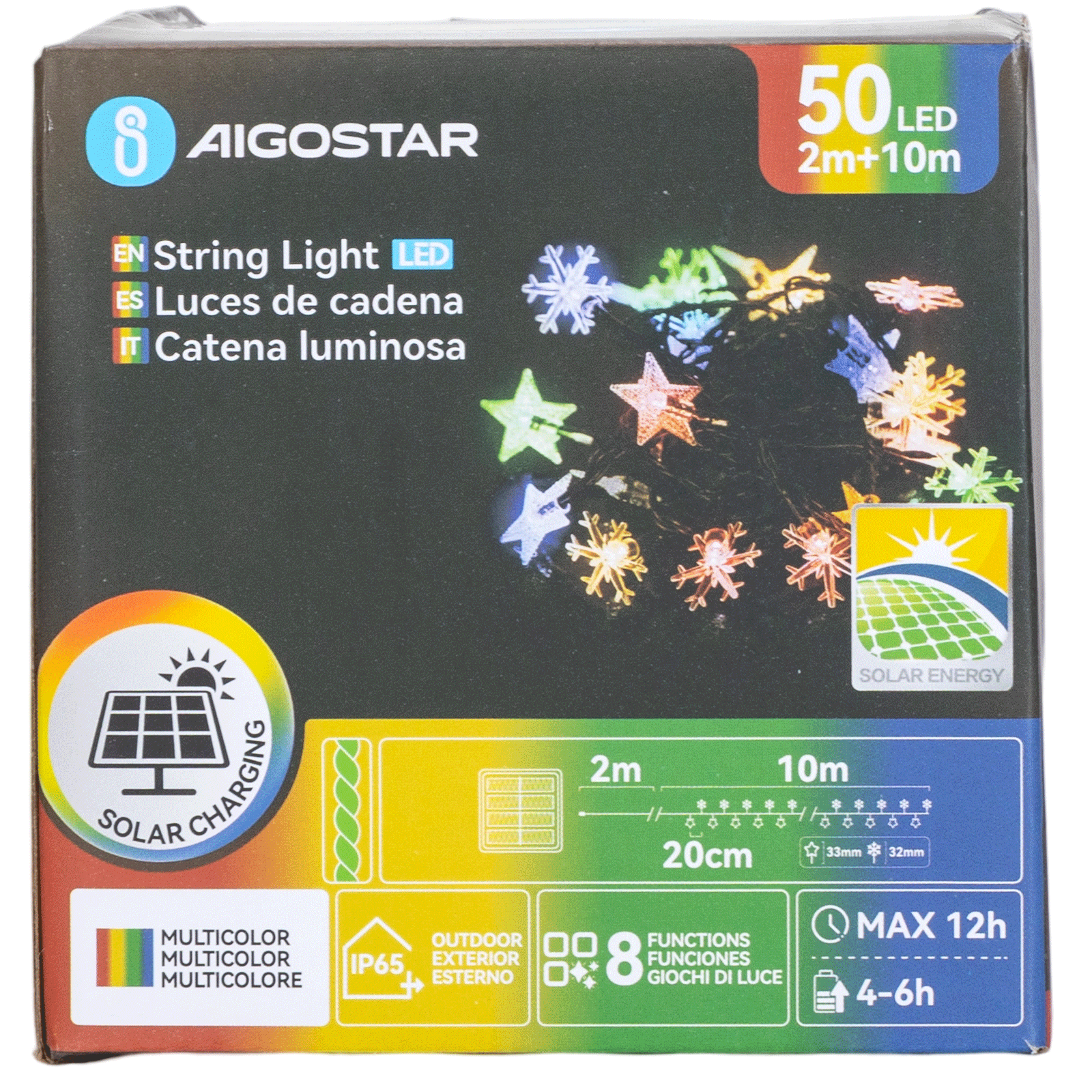 Aigostar Bande lumineuse solaire étoile flocon de neige RGBY IP65