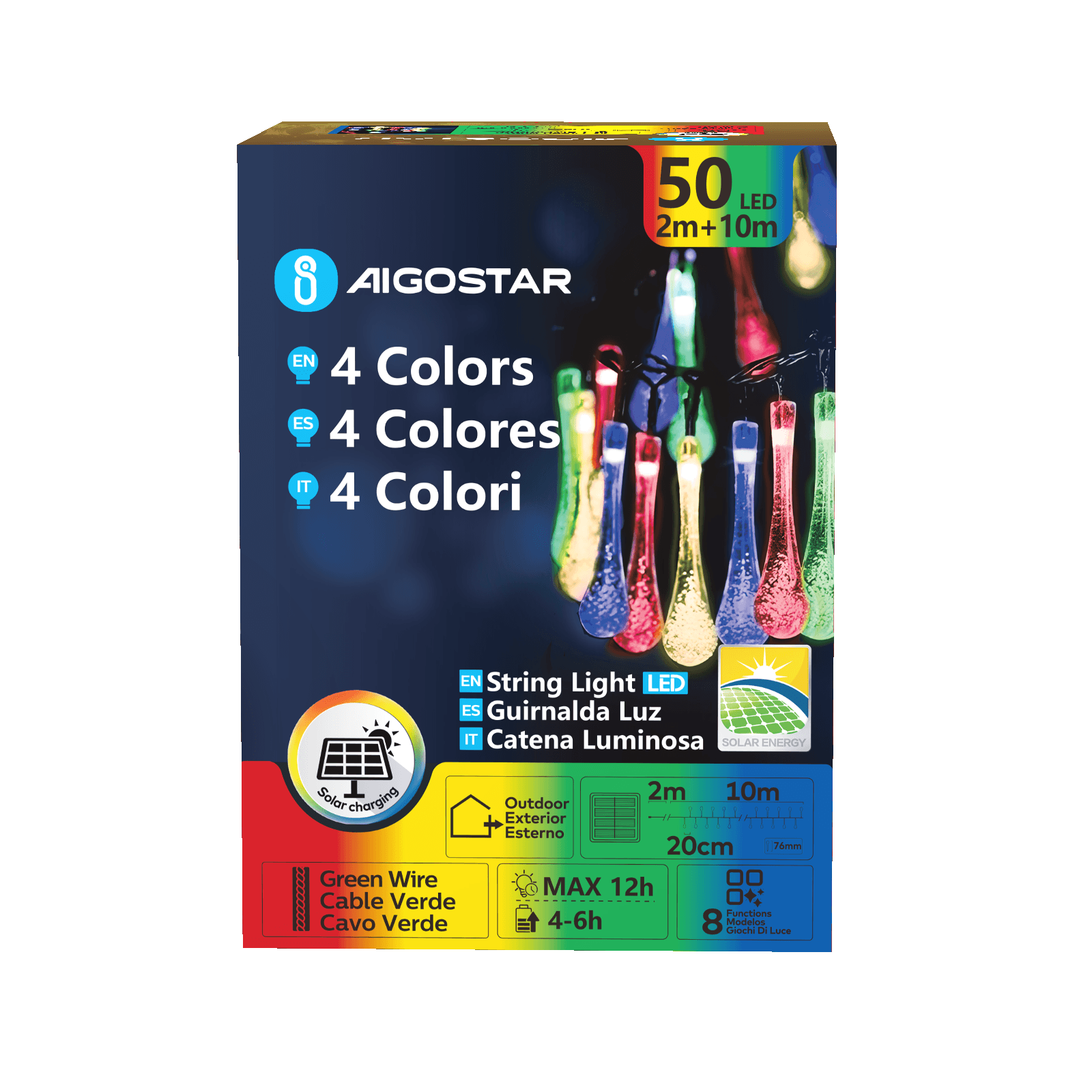 Aigostar        Bande lumineuse solaire RGBY 50 LED en forme de larme IP65