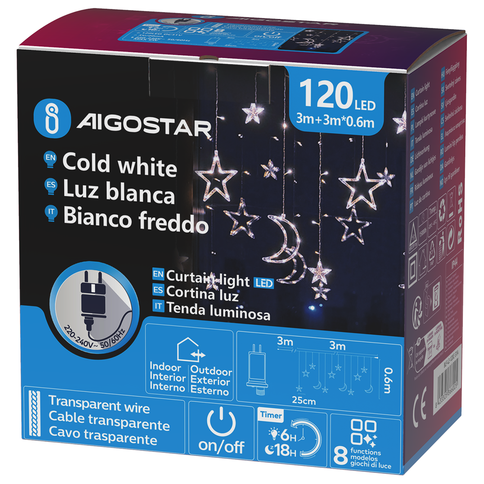 Aigostar Lichtsnoer met  sterren en manen (golvend) 3m+3m*0,6m IP44