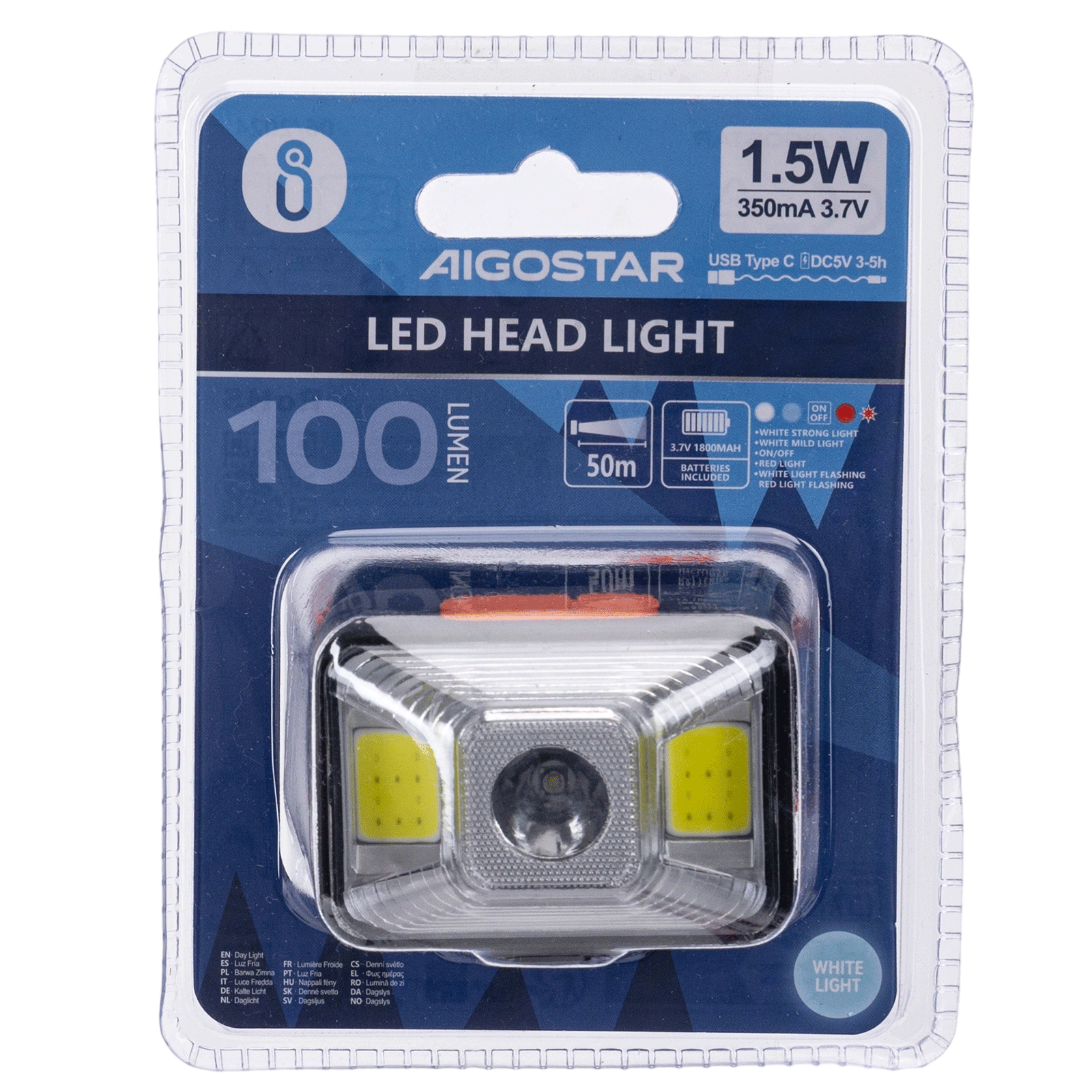 Aigostar  Oplaadbare LED-hoofdlamp met 3 lichtstanden 1,5W 6500K
