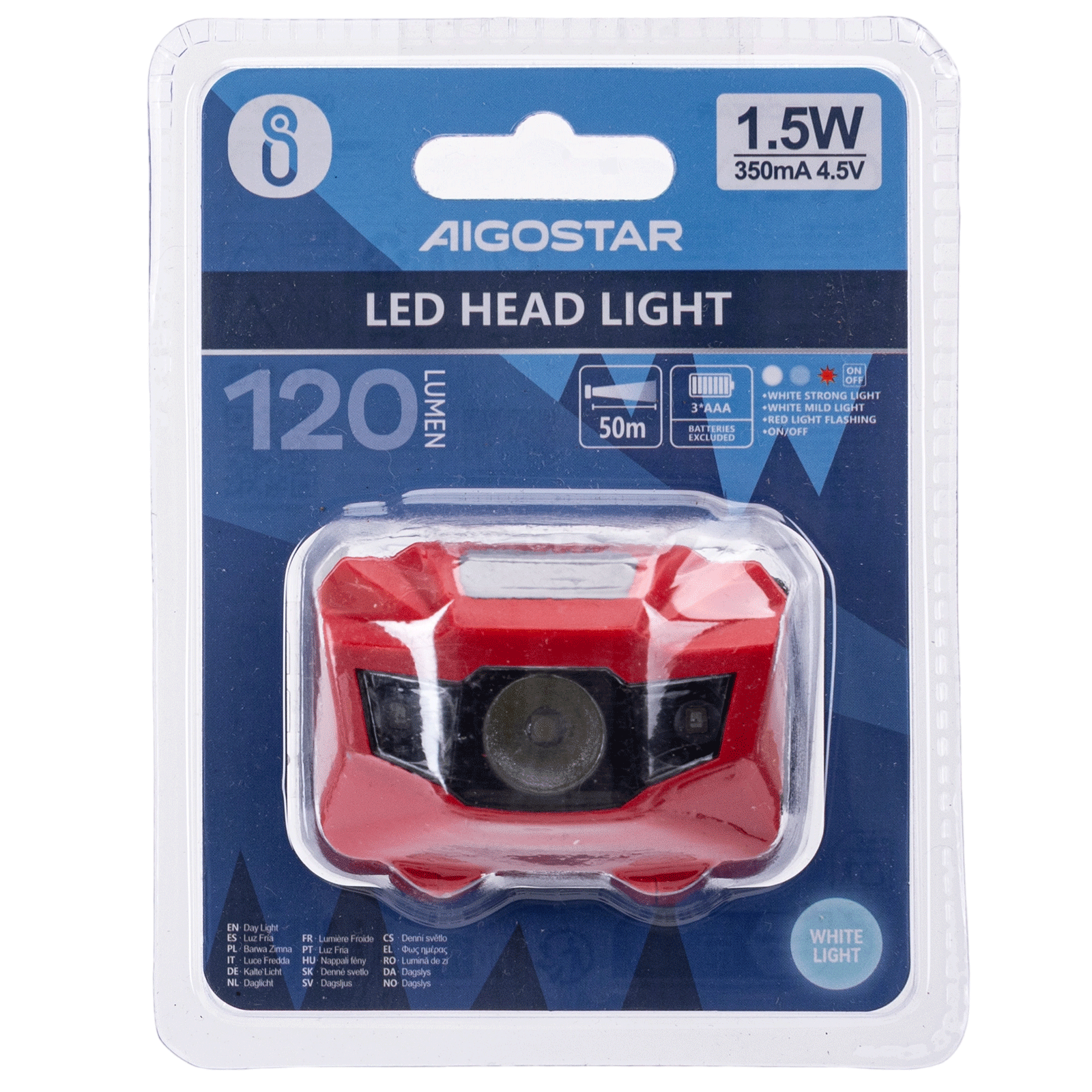 Aigostar LED-hoofdlamp 1,5W 6500K IP44 werkend op batterijen(3xAAA)