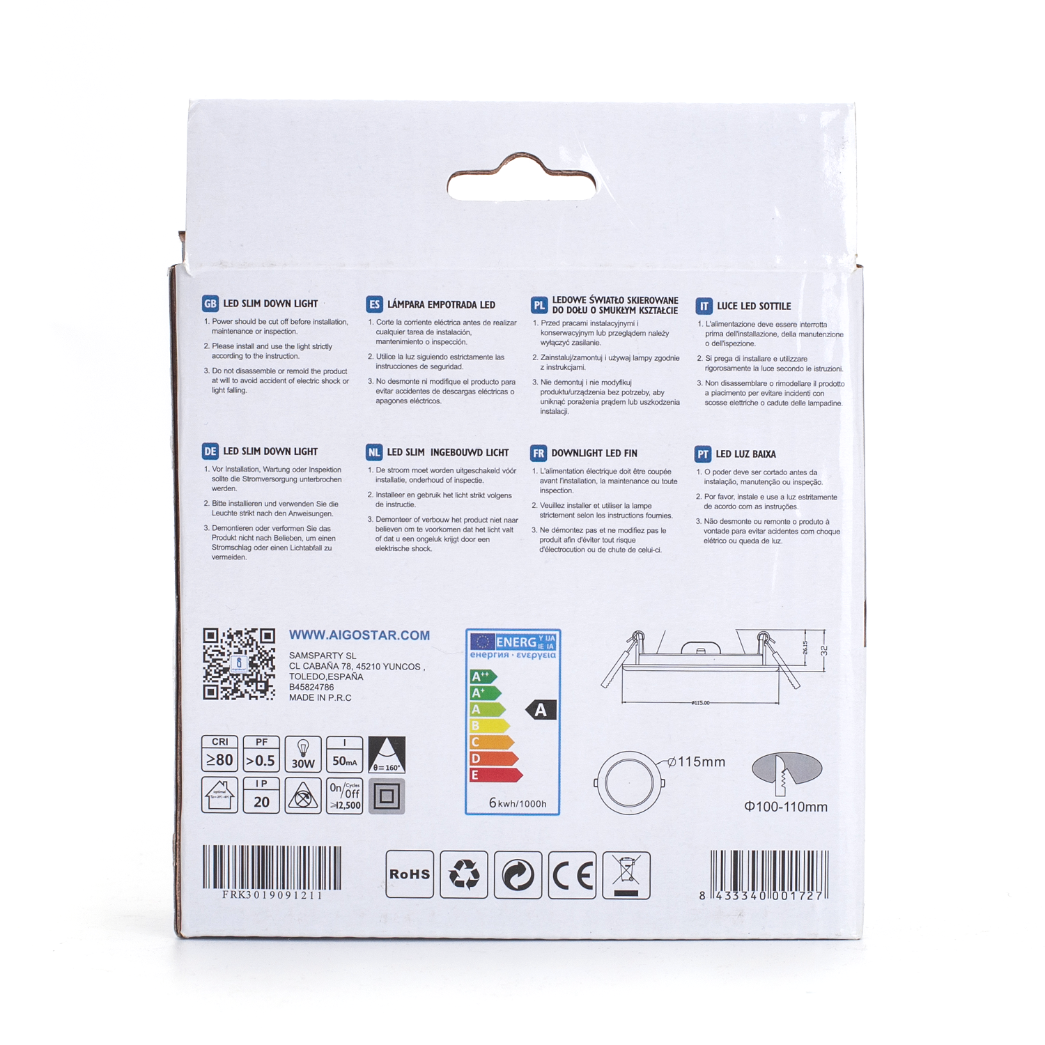 Aigostar Spot encastré rond ultra-mince à LED E6, 6 W