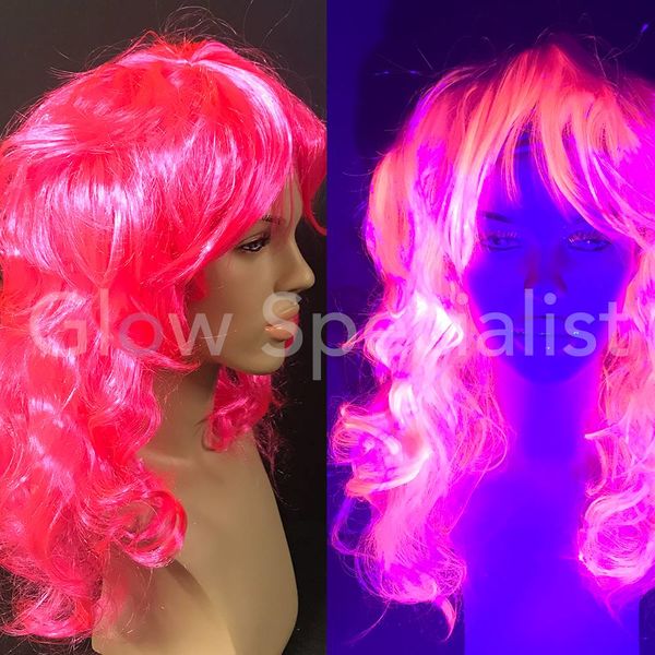 NEON PINK WIG - LONG CURLY HAIR WITH BANGS