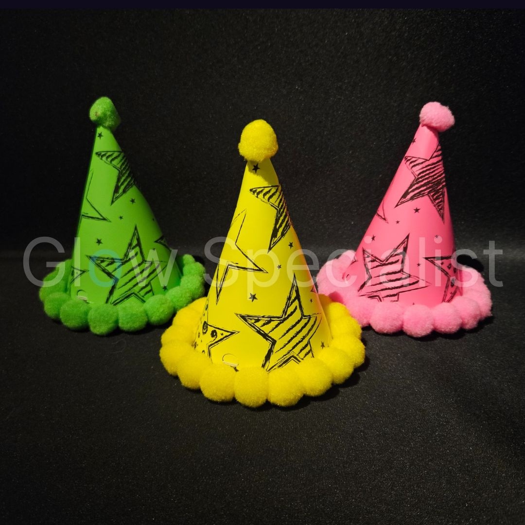 UV NEON PARTY HATS STAR SET OF 3 Glow Specialist Glow Specialist