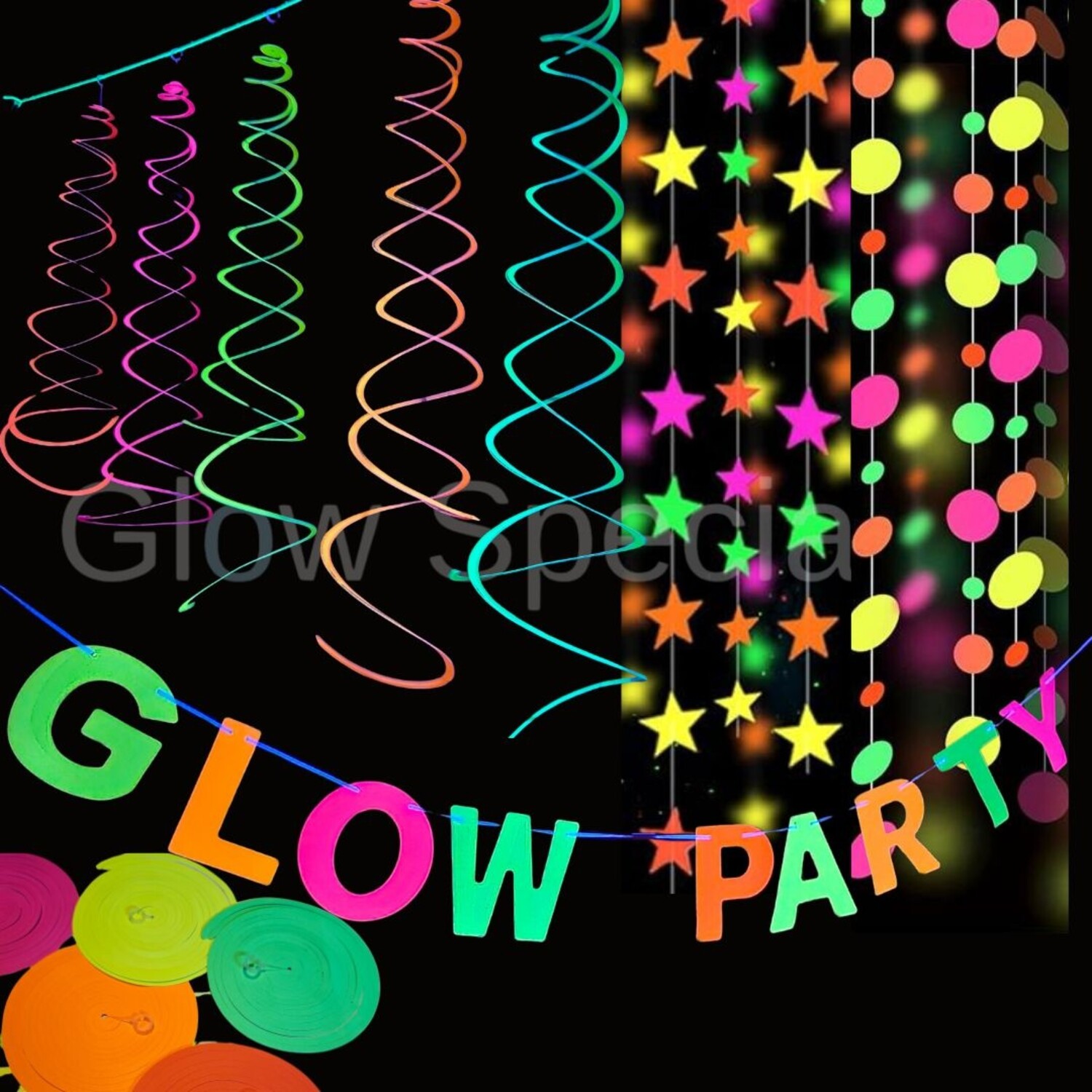 KARLOR Blacklight Party Decoratie, 4 stuks slingers, elk 33 stuks, uv-papier, decoratie, neon oplichtende slingers onder uv-licht, ster, cirkelpunt, glow, party, disco, party, slinger, papier