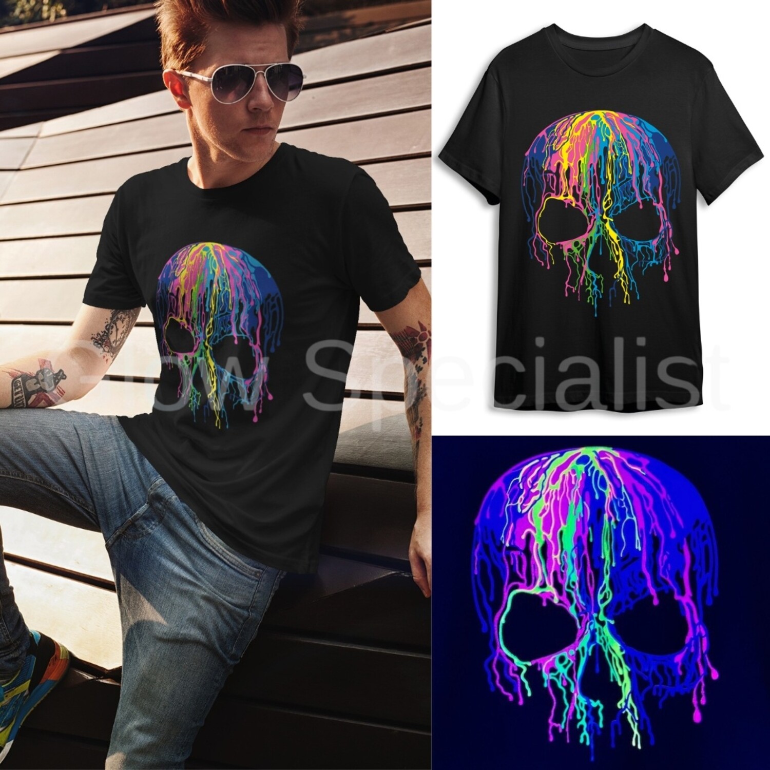 MELTING SKULL Blacklight T‑Shirt – UV‑Reactive Neon Skull Shirt