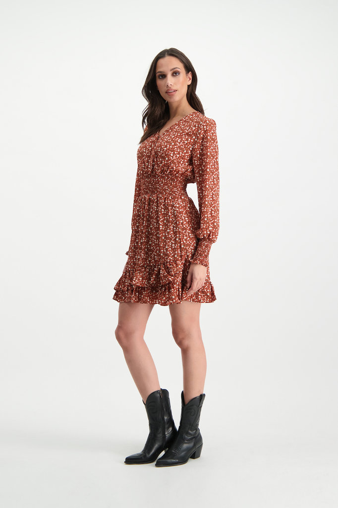 Lofty Manner Roestbruine Bloemenprint Jurk Ava