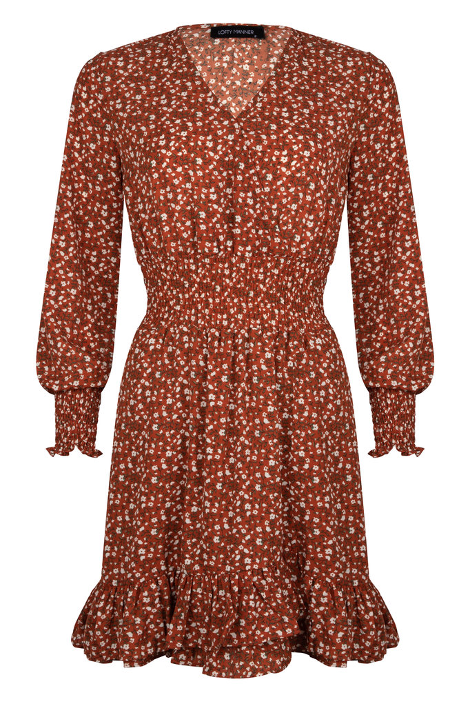 Lofty Manner Rust Brown Floral Print Dress Ava