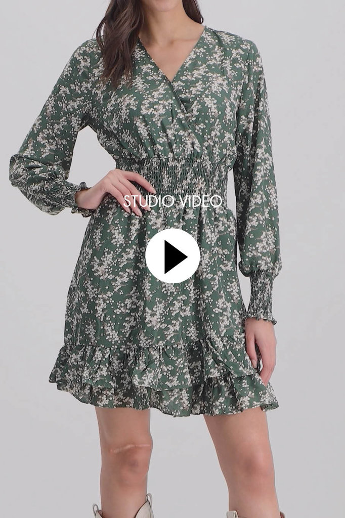 Lofty Manner Groene jurk met bloemenprint Ava