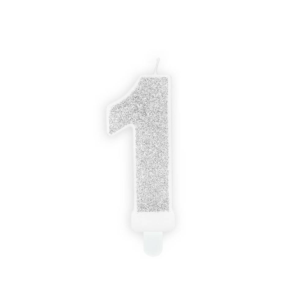 1 Jaar Kaarsje Zilver & Glitter - per stuk - 7 cm
