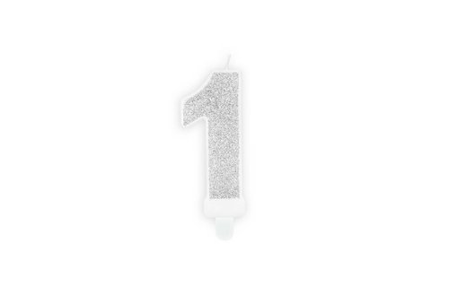 1 Jaar Kaarsje Zilver & Glitter - per stuk - 7 cm
