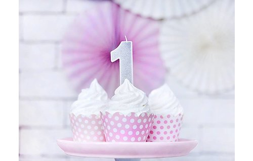1 Jaar Kaarsje Zilver & Glitter - per stuk - 7 cm