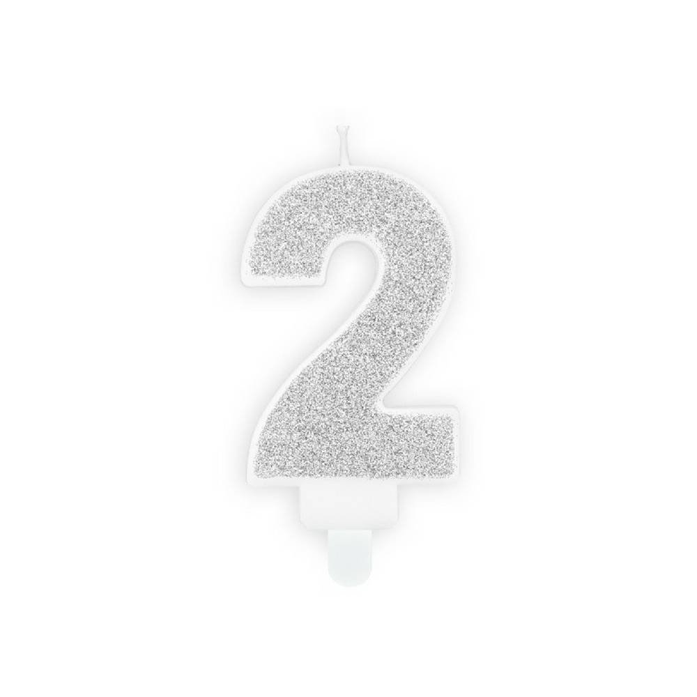 2 Jaar Kaarsje Zilver & Glitter - per stuk - 7 cm