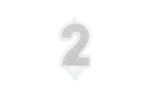 2 Jaar Kaarsje Zilver & Glitter - per stuk - 7 cm