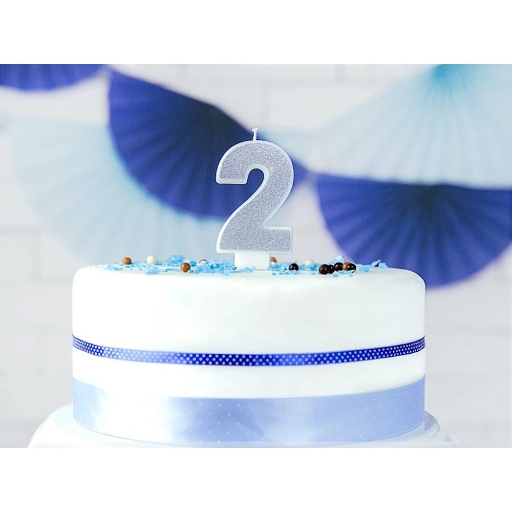 2 Jaar Kaarsje Zilver & Glitter - per stuk - 7 cm