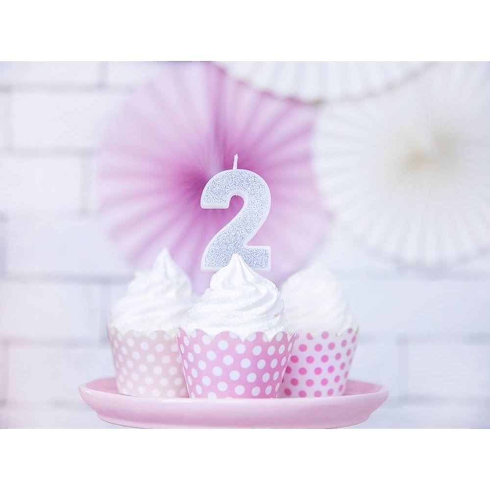 2 Jaar Kaarsje Zilver & Glitter - per stuk - 7 cm