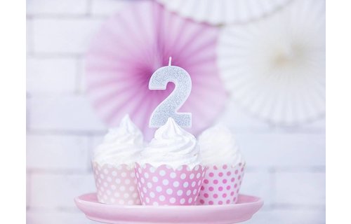 2 Jaar Kaarsje Zilver & Glitter - per stuk - 7 cm