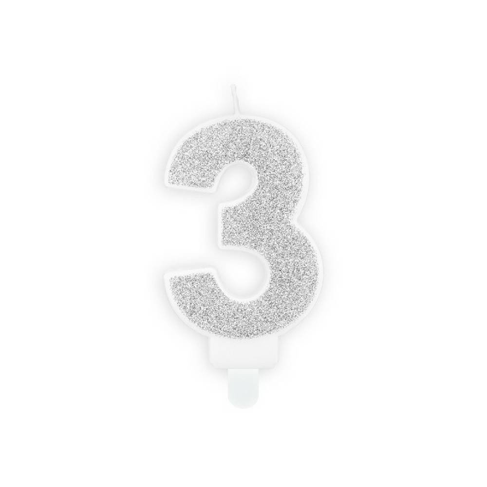 3 Jaar Kaarsje Zilver & Glitter - per stuk - 7 cm