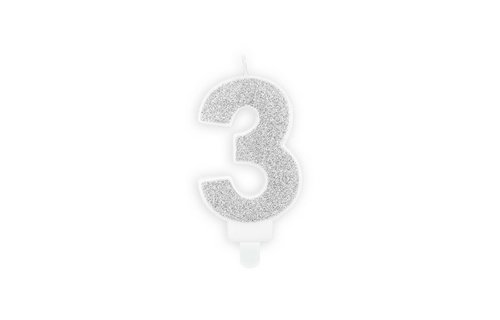3 Jaar Kaarsje Zilver & Glitter - per stuk - 7 cm