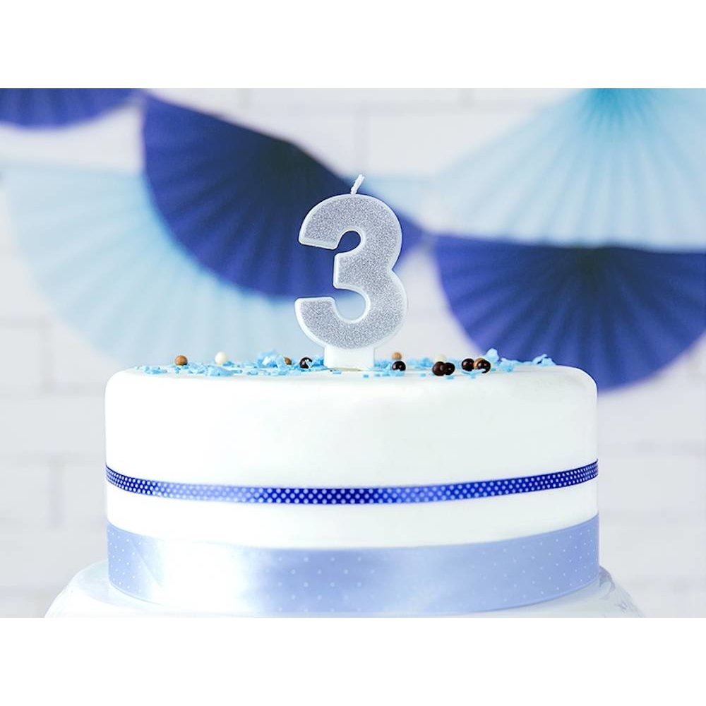 3 Jaar Kaarsje Zilver & Glitter - per stuk - 7 cm