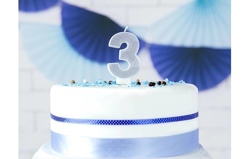 3 Jaar Kaarsje Zilver & Glitter - per stuk - 7 cm