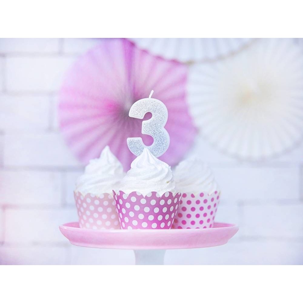 3 Jaar Kaarsje Zilver & Glitter - per stuk - 7 cm