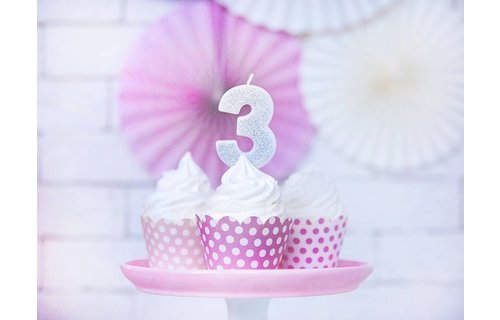 3 Jaar Kaarsje Zilver & Glitter - per stuk - 7 cm