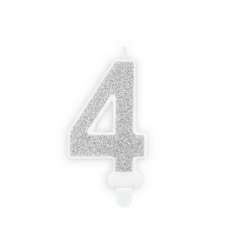 4 Jaar Kaarsje Zilver & Glitter - per stuk - 7 cm