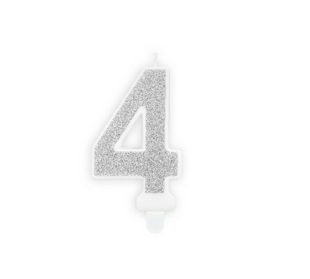 4 Jaar Kaarsje Zilver & Glitter - per stuk - 7 cm