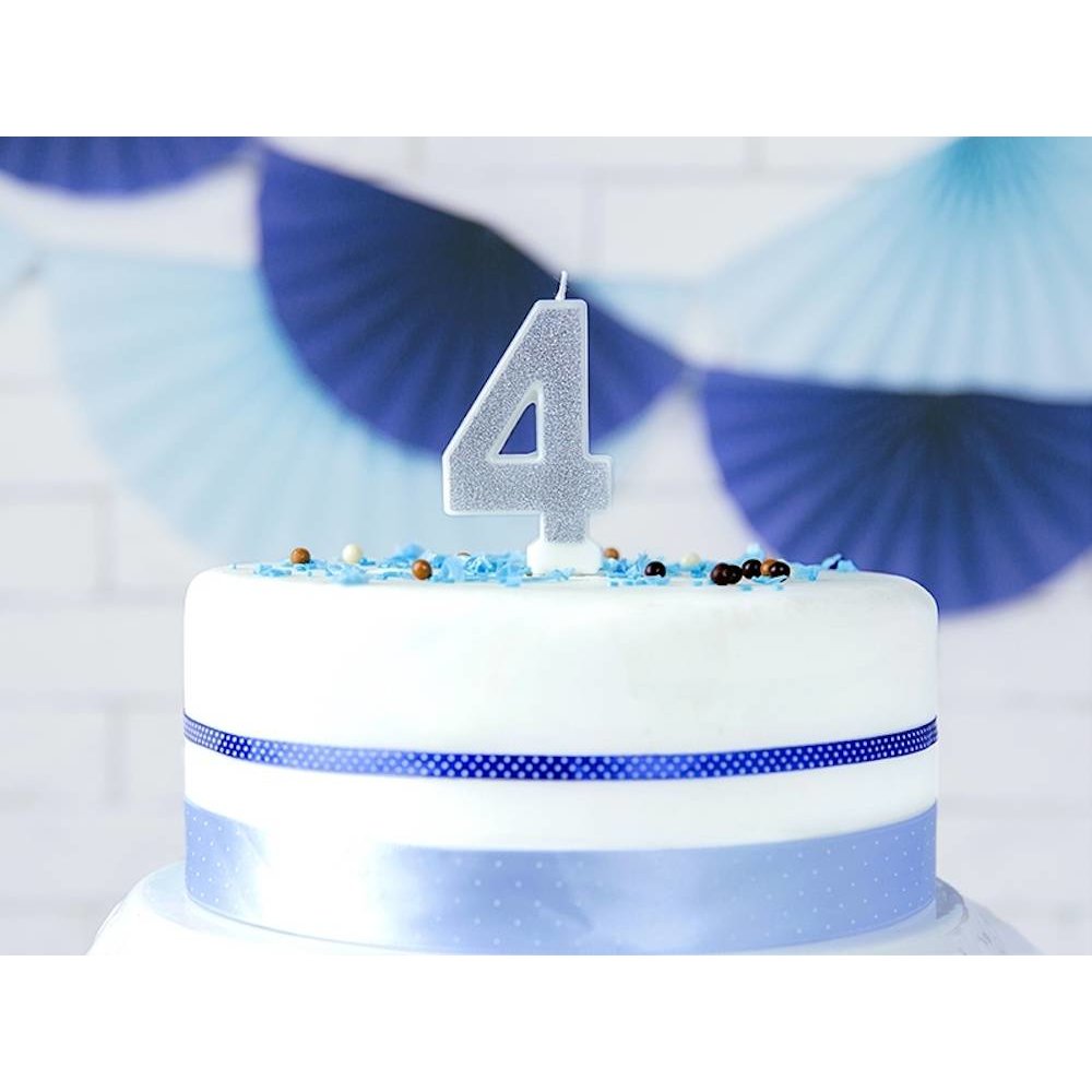 4 Jaar Kaarsje Zilver & Glitter - per stuk - 7 cm
