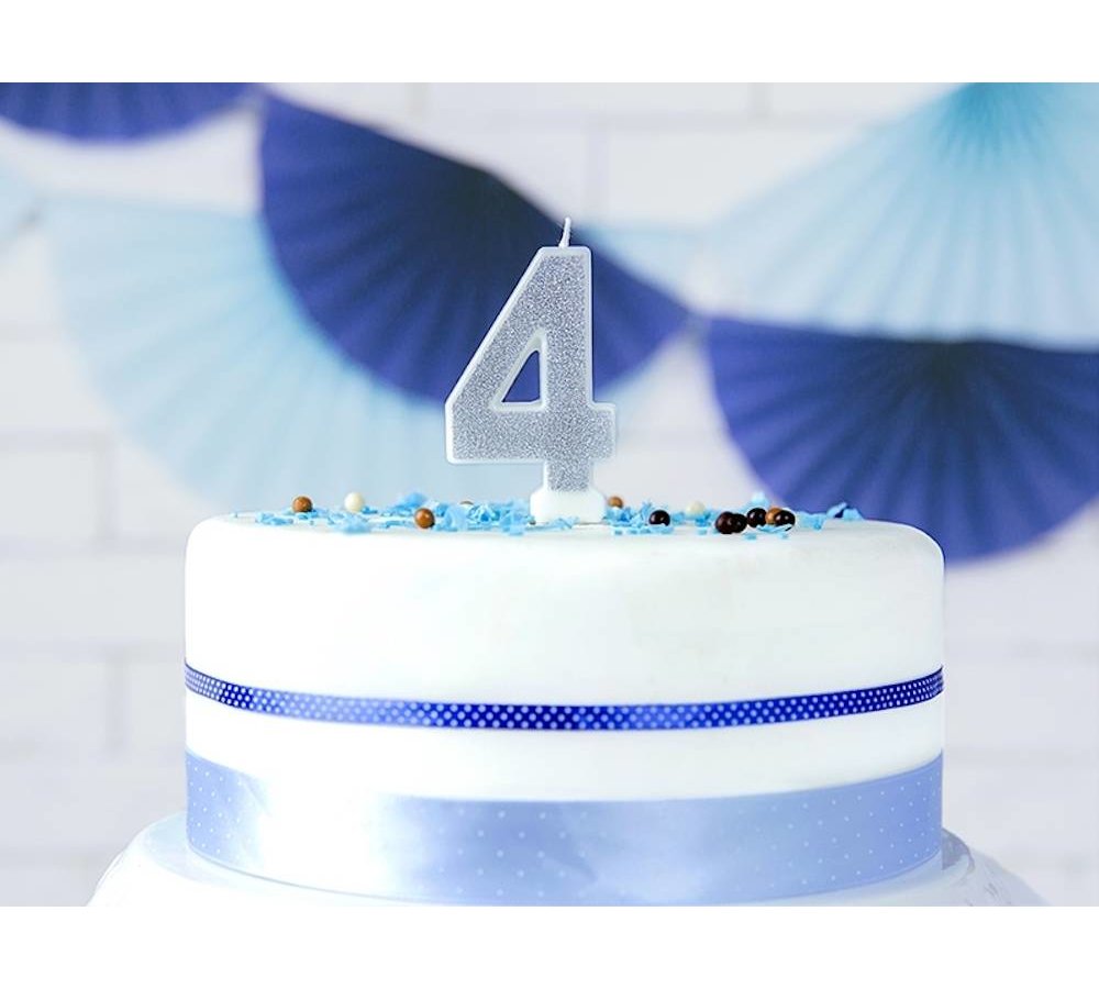 4 Jaar Kaarsje Zilver & Glitter - per stuk - 7 cm