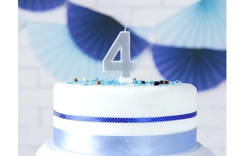 4 Jaar Kaarsje Zilver & Glitter - per stuk - 7 cm