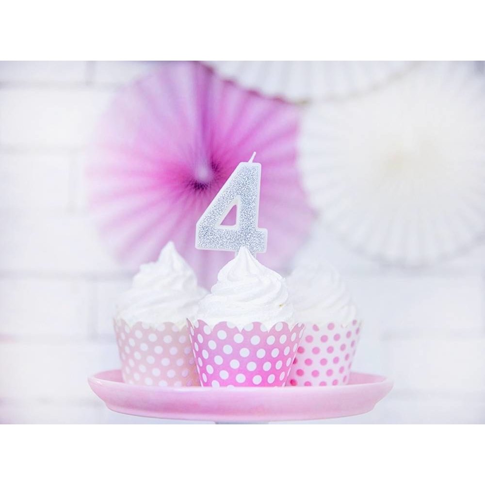 4 Jaar Kaarsje Zilver & Glitter - per stuk - 7 cm
