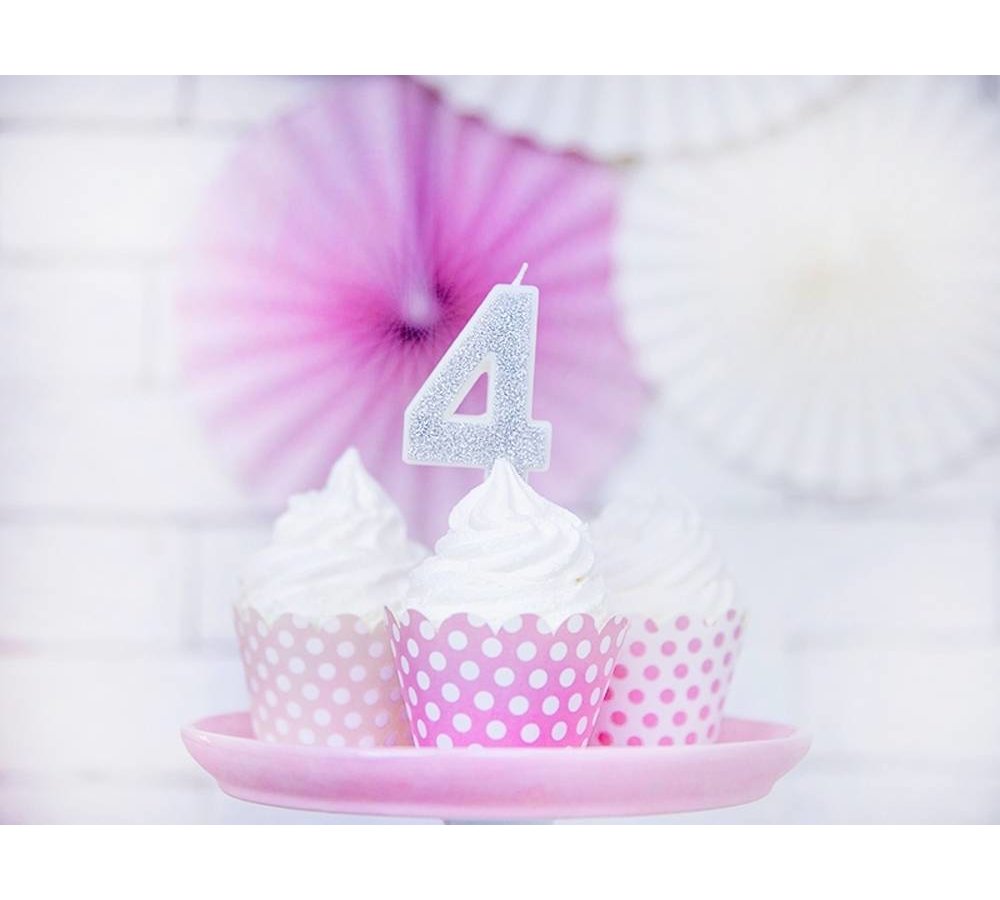 4 Jaar Kaarsje Zilver & Glitter - per stuk - 7 cm