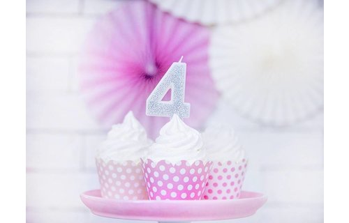 4 Jaar Kaarsje Zilver & Glitter - per stuk - 7 cm