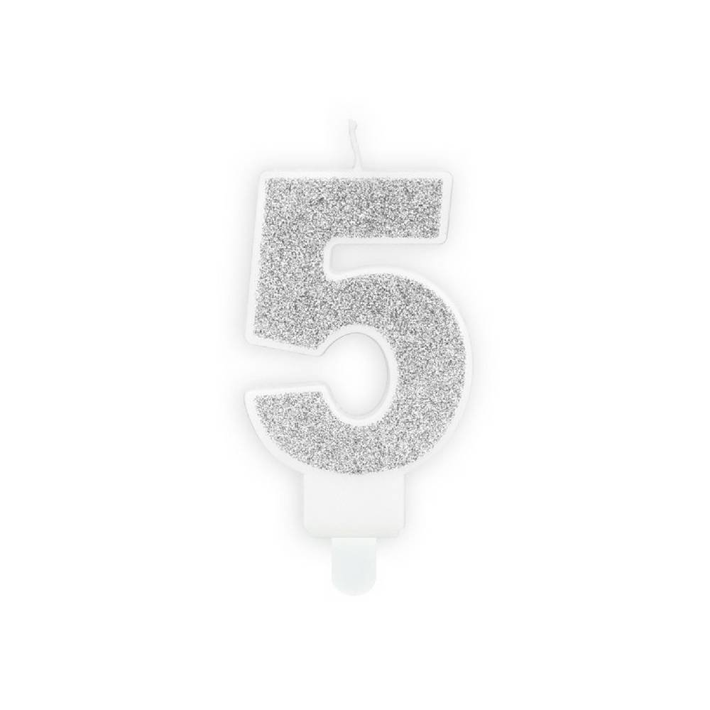 5 Jaar Kaarsje Zilver & Glitter - per stuk - 7 cm