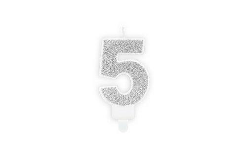 5 Jaar Kaarsje Zilver & Glitter - per stuk - 7 cm
