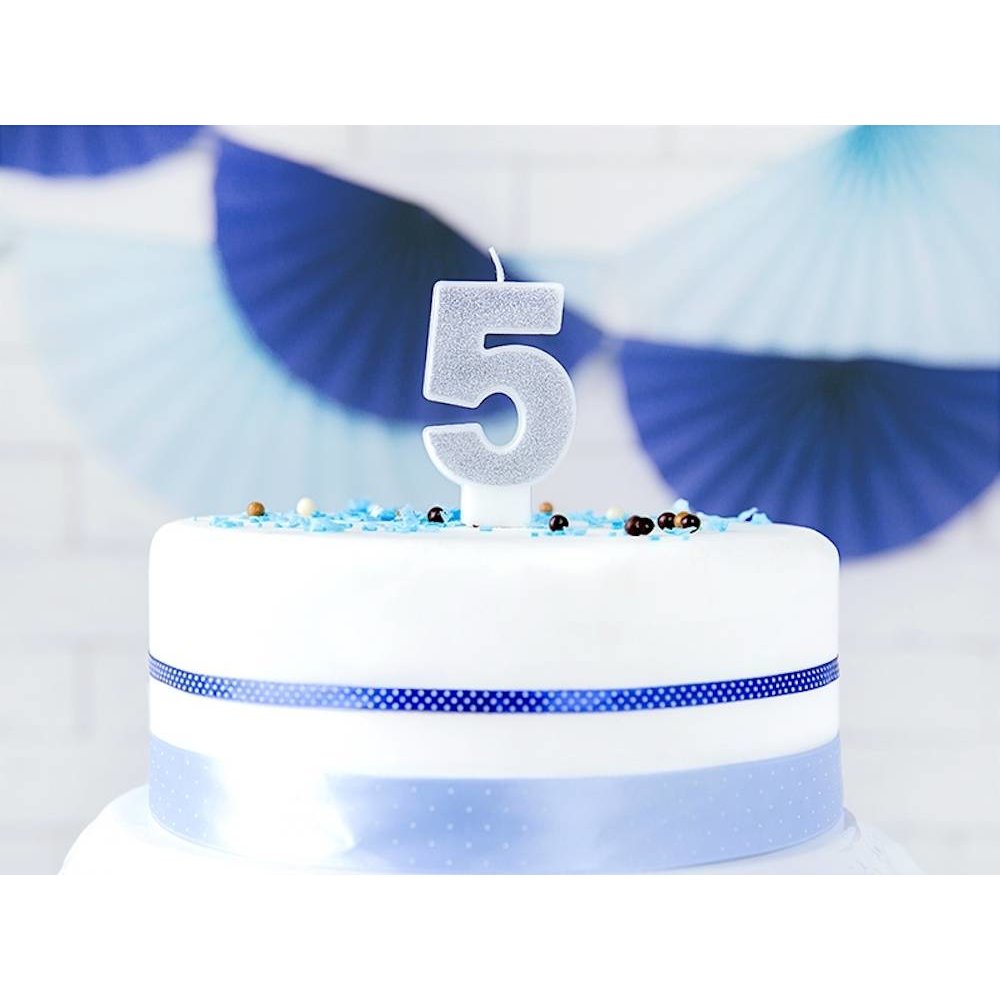 5 Jaar Kaarsje Zilver & Glitter - per stuk - 7 cm