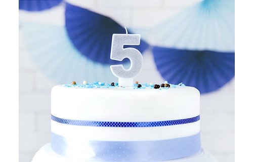 5 Jaar Kaarsje Zilver & Glitter - per stuk - 7 cm