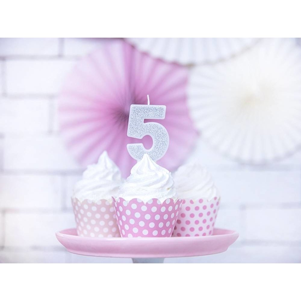 5 Jaar Kaarsje Zilver & Glitter - per stuk - 7 cm