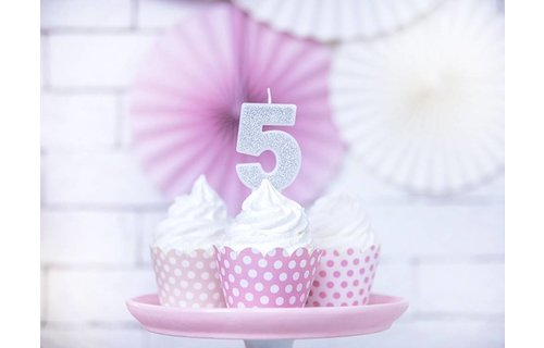 5 Jaar Kaarsje Zilver & Glitter - per stuk - 7 cm