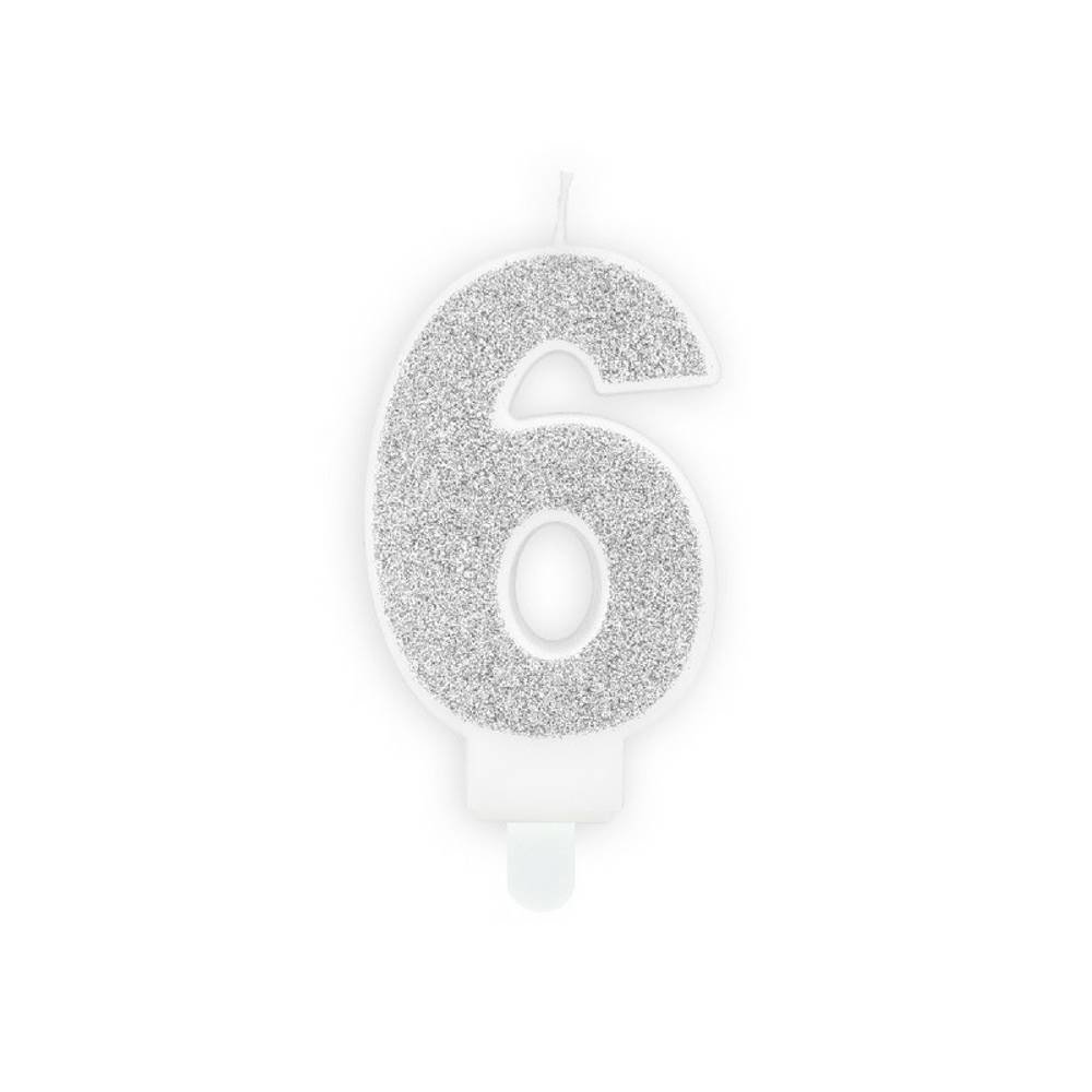 6 Jaar Kaarsje Zilver & Glitter - per stuk - 7 cm