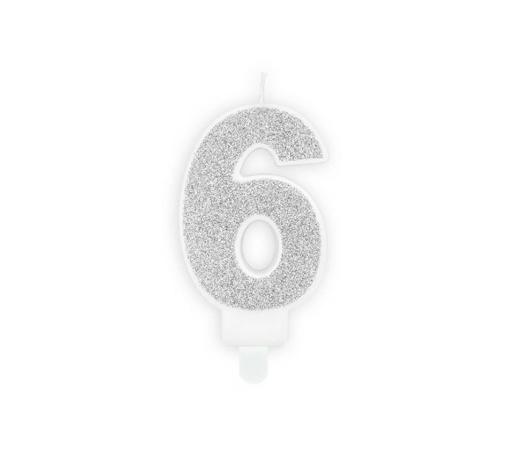 6 Jaar Kaarsje Zilver & Glitter - per stuk - 7 cm