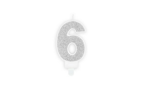 6 Jaar Kaarsje Zilver & Glitter - per stuk - 7 cm