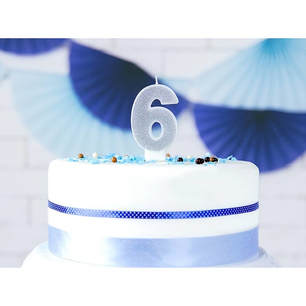 6 Jaar Kaarsje Zilver & Glitter - per stuk - 7 cm