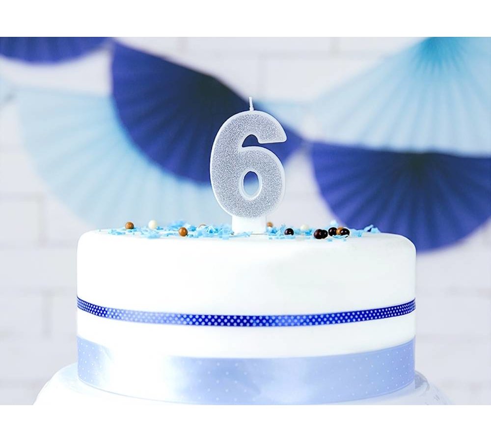 6 Jaar Kaarsje Zilver & Glitter - per stuk - 7 cm