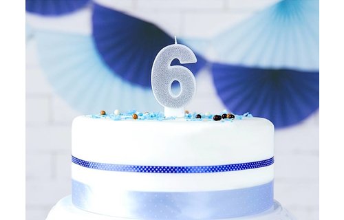 6 Jaar Kaarsje Zilver & Glitter - per stuk - 7 cm
