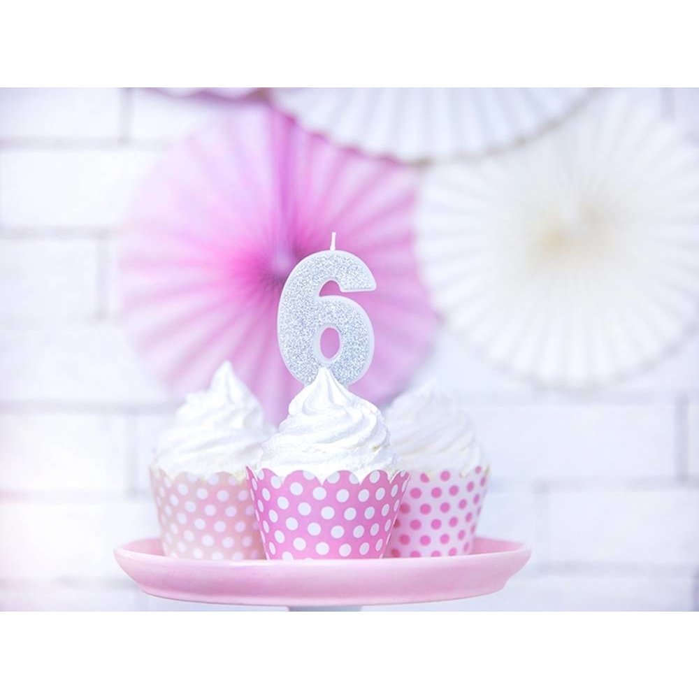 6 Jaar Kaarsje Zilver & Glitter - per stuk - 7 cm
