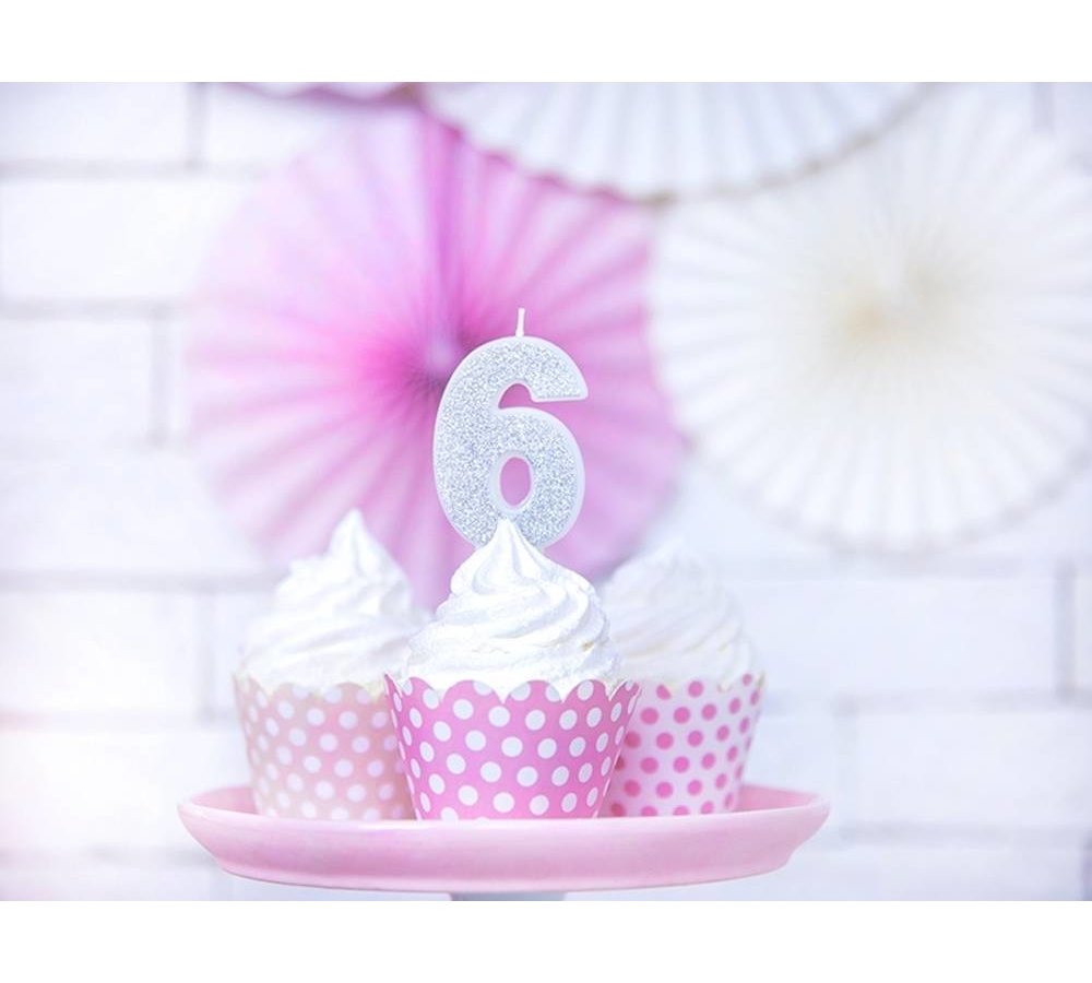6 Jaar Kaarsje Zilver & Glitter - per stuk - 7 cm
