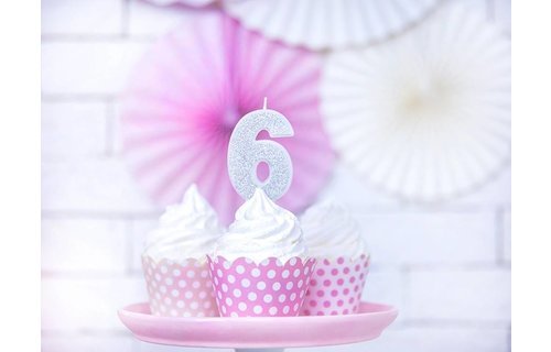 6 Jaar Kaarsje Zilver & Glitter - per stuk - 7 cm